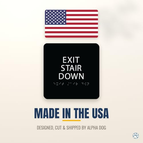 Alpha Dog Exit Stair Down Sign, 6x6 ADA Braille Sign, Black - color: Black, size: Exit Stair Down