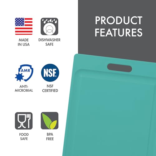 Dexas NSF Certified Polysafe Cutting Board with Handle and Juice Well, 12 x 18 inches, Reversible Kitchen Cutting Board, Teal Green - color: Teal Green, size: 18"L x 12"W