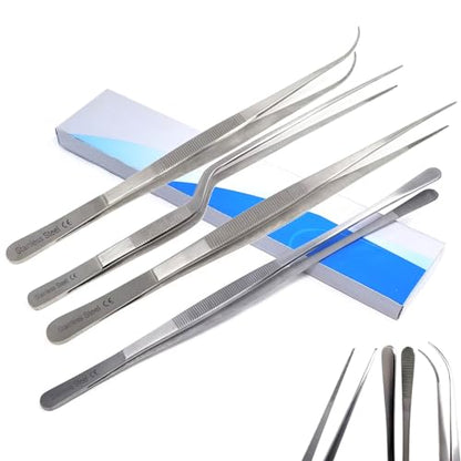 Professional Culinary Stainless Steel Precision Tongs with Serrated Tips, Plating/Food Presentation Detailing Serving Tongs, Chef's Kitchen Tweezer Tongs - Ultra Non-Slip Grip (12" 4 PCS) - size: 12" 4 PCS