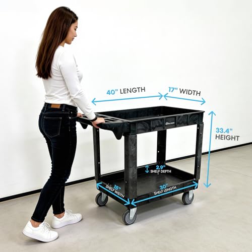 Simpli-Magic Rolling Utility Cart on Wheels, Heavy Duty with Ergonomic Handle, Deep Shelves for Garage, Warehouse, Workshop, 600-Pound Capacity, 40x33x17-Inch, Steel, Black
