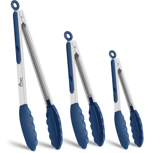 HOTEC Stainless Steel Kitchen Tongs with Silicone Tips, Set of 3-7",9" &12" - color: Classic Blue:12+9+7inch