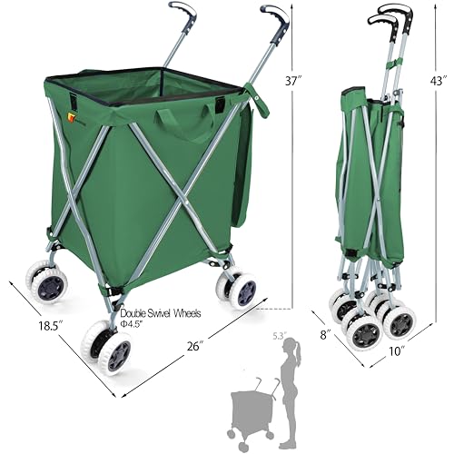 Wellmax Folding Shopping Cart with Canvas Bag & Cover, Holds 120 lb, Green - color: Green