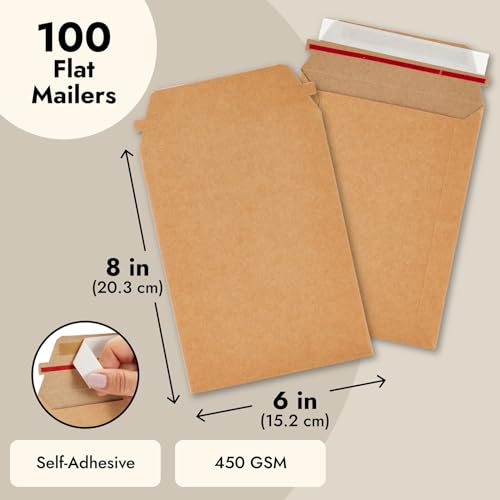 100 Pack Rigid Mailers 6x8 - Sturdy 450 GSM Self-Adhesive Kraft Paper Cardboard Envelopes for Mailing Photo, Documents, Gift Cards, CDs, Art Prints