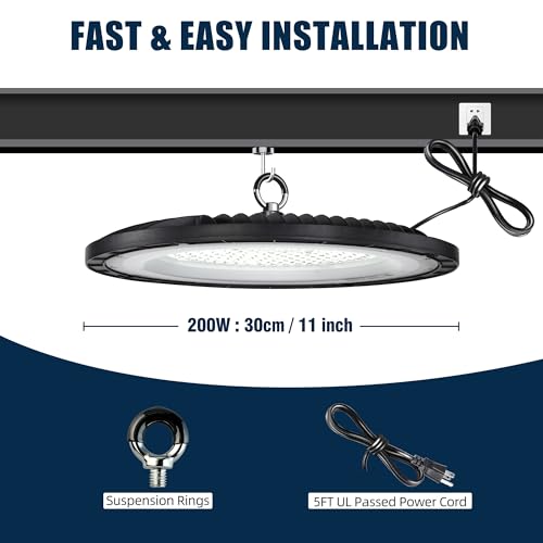 200W UFO LED High Bay Light 10-Pack, 30000LM 5000K AC100-277V UFO High Bay LED Shop Light with Plug Alternative to 800W MH/HPS for Garage Workshop Warehouse Factory Gym Barn.