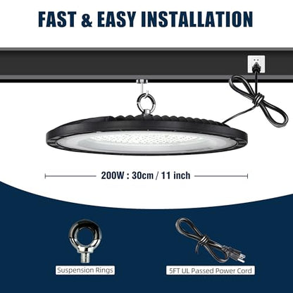 200W UFO LED High Bay Light 10-Pack, 30000LM 5000K AC100-277V UFO High Bay LED Shop Light with Plug Alternative to 800W MH/HPS for Garage Workshop Warehouse Factory Gym Barn.