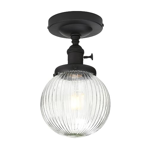 Yosoan 1-Light Indoor On Off Switch Hallway Ceiling Light, Modern Single Vintage Industrial Semi Flush Mounted with Retro Striped Round Shade for Kitchen Entry Bathroom Bedroom(Matte Black) - color: Matte Black