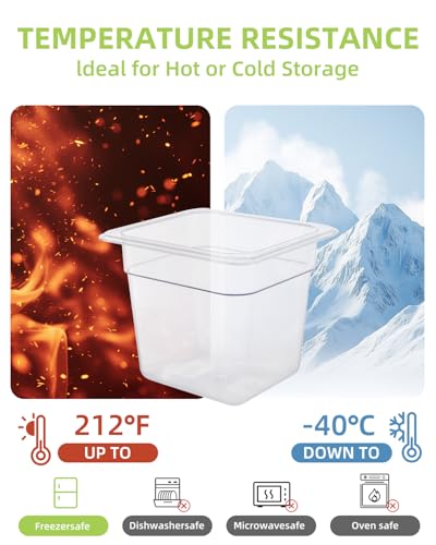 6 Pack Food Pan with Lids,1/6 Size Shatterproof Stackable Plastic Hotel Food Pan for Party, Catering, Home kitchens Meal Prep,-40°F to 212°F (2.35QT(2.22L), 1/6 size 6" deep) - size: 1/6 size 6" deep