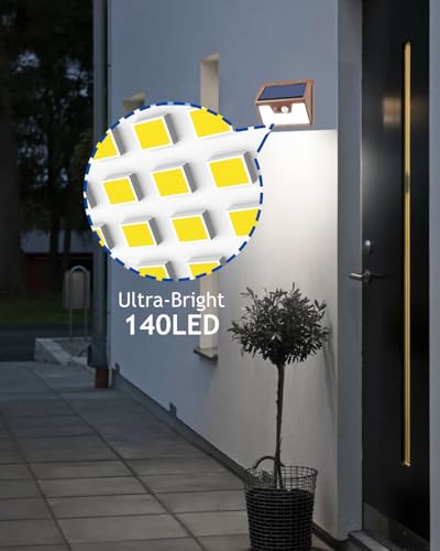 Peasur Brown Solar Lights Outdoor Waterproof, 4Pack 140LED Solar Powered Motion Sensor Lights, 3 Modes Solar Security Wall Lights for Fence Garden Yard Outside Cool White - color: Brown Frame, size: 4 Pack