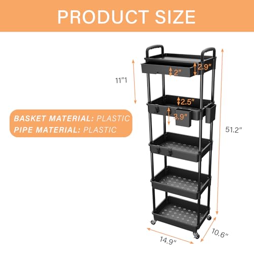 5 Tier Rolling Utility Cart with Drawer,REBECAT Utility Cart Made of Multifunctional Storage Organizer Tool for Kitchen,Bathroom,Living Room,Office(Black) - color: Black