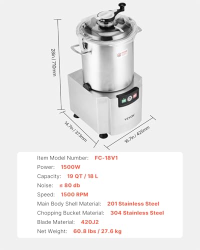 VEVOR Food Processor & Vegetable Chopper, 19 Quart Food-Grade Stainless Steel Food Processor Chopper with S-Curve Blade and Scraper, Ideal for Chopping Vegetables, Fruit, Grains, Nuts