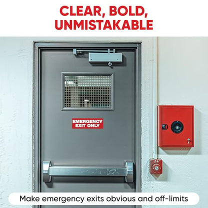 | Emergency Exit Only Reminder Stickers (2 Pack), 8.75x3 – Strong Adhesive, Durable, Waterproof Exit Sign Stickers for Doors and Walls – Perfect For General Awareness and Labeling Purposes