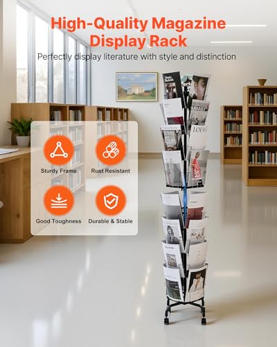 VEVOR Greeting Cards Display Rack, 32 Pockets Rotating Postcard Brochure Display Stand, 360° Spinning Card Display Rack with Sign Holder & 4 Wheels (2 Lockable) for Exhibitions Office Trade Show - size: without wheels