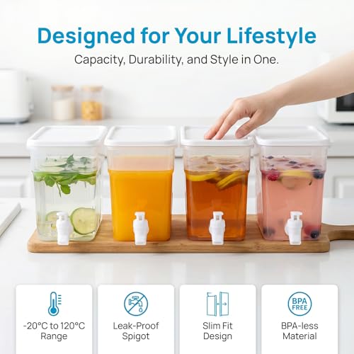 BEWBBAT 4 Pack 1.3 Gallon Drink Dispenser with Spigot for Fridge, Leakproof Plastic Water Container Fridge Beverage Dispenser Ice Juice Dispenser with Spigot for Home Party Restaurant Bar Buffet