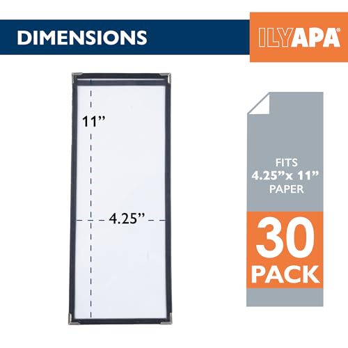 Ilyapa 30 Pack of Menu Covers 4.25 x 11 - Single Page, 2 View, Restaurant Menu Covers, 4.25x11 Clear Plastic Sleeves, Transparent Viewing Surfaces - color: Black, size: 4.25 x 11