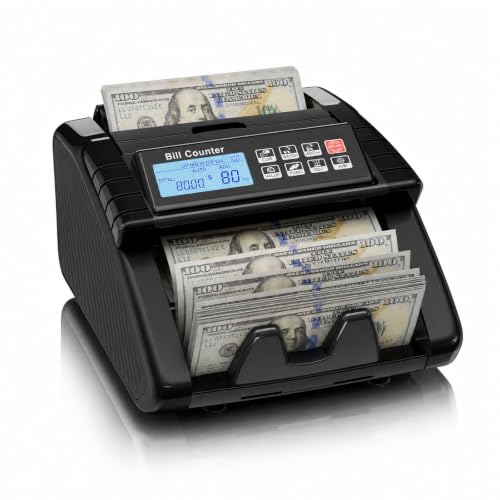 AL1000 Money Counter Machine with Value Calculation, Supports USD & EUR, UV/MG/MT/IR/DD Counterfeit Detection, LCD Display, Batch & Add Modes.