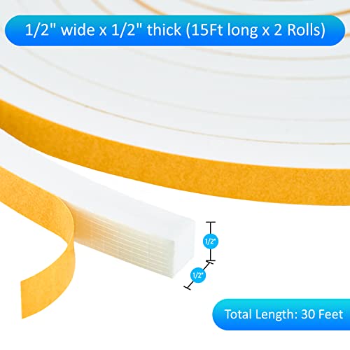 High Density Foam Weather Stripping Door Seal Strip Insulation Tape Roll for Insulating Door Frame, Window, Air Conditioner | Self Adhesive Sealing Weatherstrip (White, 1/2 in x 1/2 in x 30Ft) - color: White, size: 1/2 In x 1/2 In x 30 Ft