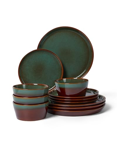 Pokini Ceramic Plates and Bowls Sets for 4, 12pcs Dinnerware Sets, Dish Set - color: Brown Green, size: Service for 4-12Pcs