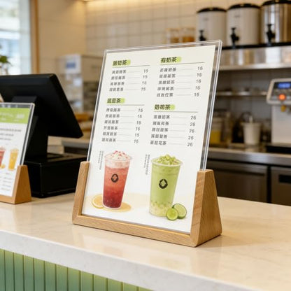 U-shaped Acrylic Sign Holder with Wood Base Menu Holder Flyer Holder Poster Stand Photo Stand Widened Base Windproof, Can Be Used Outdoors (8.5*11) - size: 8.5*11