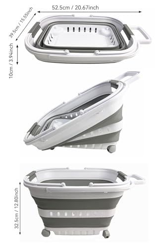 SAMMART 35L (9.24 Gallons) Collapsible Plastic Laundry Basket with Handle and Wheels - Foldable Pop Up Storage Container/Organizer with handle and wheels - Space Saving (1, White/Grey)