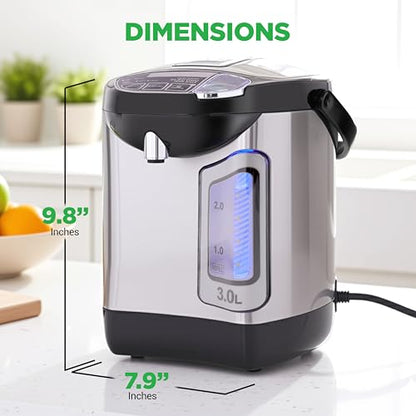 NutriChef Electric Water Boiler and Warmer - 3L/3.17 Qt Stainless Steel Electric Hot Water Dispenser w/Rotating Base, Auto Shut Off, Safety Lock, Instant Heating for Coffee & Tea (NCHUB13) - size: 3.2 Quarts
