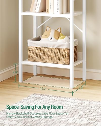 Hzuaneri Bookshelf, Book Shelf, Industrial Bookcase with 2 Hooks - color: White, size: 9.4"D x 15.7"W x 63"H