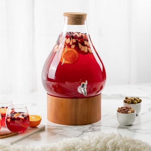 Classic Home Teardrop Clear Glass Ice Cold Beverage Drink Dispenser- 2.75 Gallon, With Cork Lid & Modern Wood Base Leak Proof Spigot- Wide Mouth Easy Filling For Outdoor, Parties & Daily Use - color: Clear - 2.75 Gallon