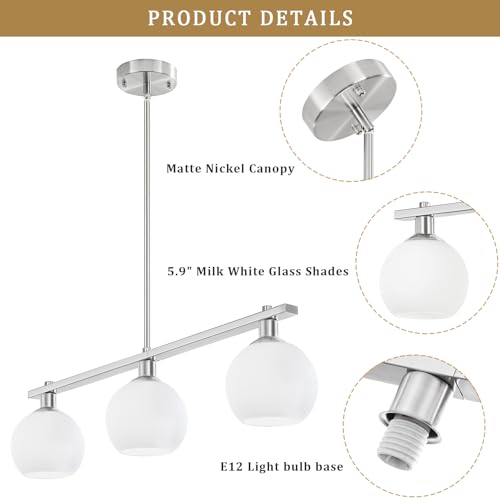 3 Lights Linear Pendant Light Kitchen Island Lighting with Milk Glass Shade, Modern Farmhouse Chandelier, Brushed Nickel Chandelier for Dining Room Light Fixture for Over Island Over Table Bar - color: Brushed Nickel