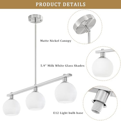 3 Lights Linear Pendant Light Kitchen Island Lighting with Milk Glass Shade, Modern Farmhouse Chandelier, Brushed Nickel Chandelier for Dining Room Light Fixture for Over Island Over Table Bar - color: Brushed Nickel