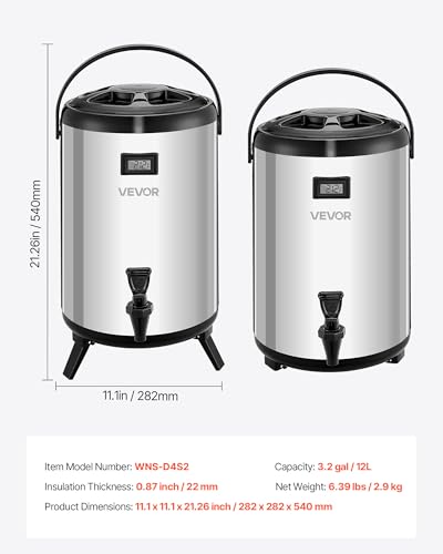 VEVOR Insulated Beverage Dispenser, 3.2 Gal/12L Stainless Steel Thermal Drink Server with Spigot & Temp Display, Suitable for Hot and Cold Drinks, for Tea Coffee Water in Cafes & Restaurants, 2 Pack - size: 3.2 Gal (2 Pack)