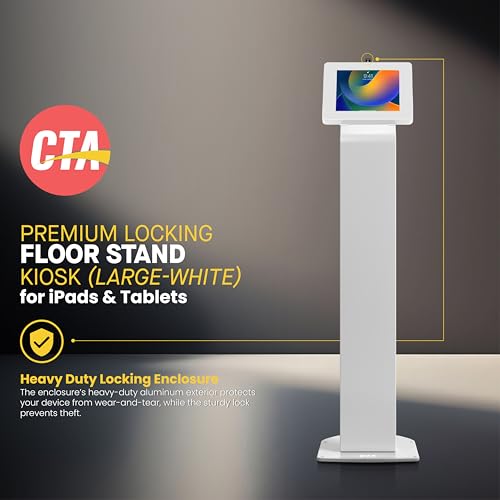 Locking Floor Stand – CTA Premium Locking Support Base Kiosk with Steel Body and Heavy-Duty Locking Enclosure with Keys for iPad Pro 13-inch (M4), iPad Pro 12.9-inch, iPad Air 13-Inch (M3 / M2) - color: White, size: Large Size Tablets, style: Key Lock Enc