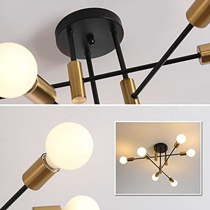 Garwarm Ceiling Light Fixture, 6-Lights Black and Gold Mid Century Semi Flush Mount Ceiling Light,Modern Sputnik Chandelier for Kitchen Dining Room Bedroom Entryway Hallway - color: 6-Lights,Black and Gold
