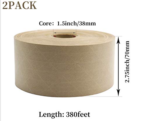 BOMEI PACK Reinforced Water Activated Gummed Kraft Paper Tape, 2 Pack 2.75 inch x 380 ft, for Heavy Duty Secure Packing Shipping - size: 2Rolls (2.75in x 380feet)