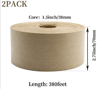 BOMEI PACK Reinforced Water Activated Gummed Kraft Paper Tape, 2 Pack 2.75 inch x 380 ft, for Heavy Duty Secure Packing Shipping - size: 2Rolls (2.75in x 380feet)
