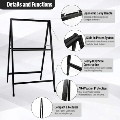Heavy Duty A Frame Sign 24x36 inch - Double Sided Slide-in Metal Sandwich Board for Outdoor Sidewalk Business Advertising, Black Folding Pavement Display Stand, Frame Only - color: Black-1PACK Double-Sided