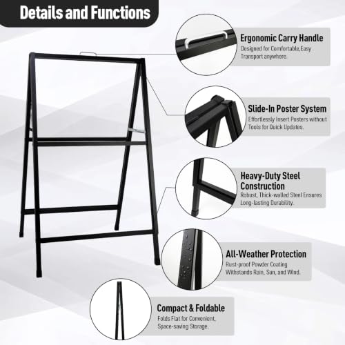 Heavy Duty A Frame Sign 24x36 inch - Double Sided Slide-in Metal Sandwich Board for Outdoor Sidewalk Business Advertising, Black Folding Pavement Display Stand, Frame Only - color: Black-1PACK Double-Sided