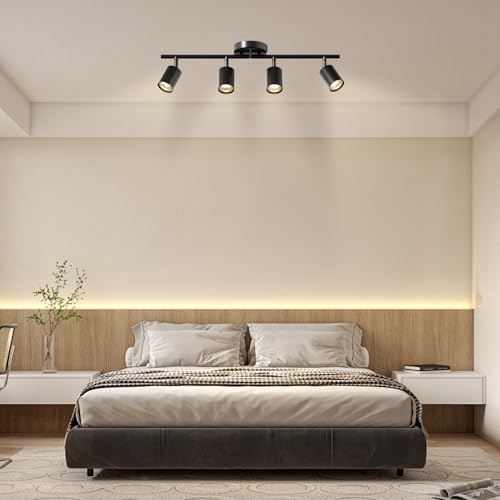 LED 4 Light Track Lighting Kit, 23.6" Black 4 Way Ceiling Spotlights Fixture, 3 CCT Adjustable, with Flexibly Rotatable Light Heads for Kitchen, Living Room, Bedroom, Includes 4 x GU10 Bulb - color: Black, size: 4