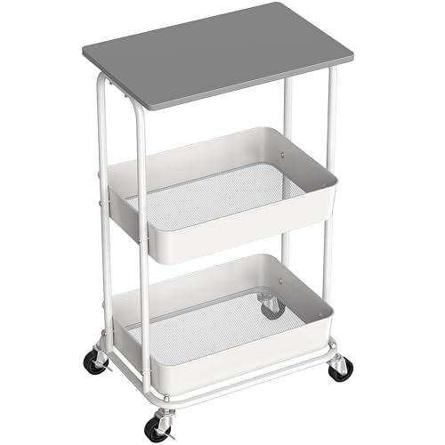 Simple Houseware 2-Tier Rolling Utility Cart Wood Top/Lockable Wheel, Gray - color: Grey