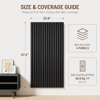 Amsleekey 4-Pack 47.2″x23.6″ Acoustic Wood Slat Wall Panels, 8 Hooks, Black - color: Black, size: 47.2 x 23.6 in - 4 pcs