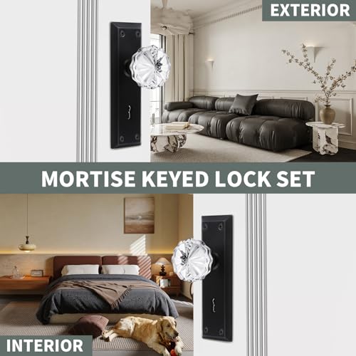 Mortise Lock Set Interior Door, Crystal Glass Door Knobs with Lock and Skeleton Key, Old Door Knob Replacement, Vintage Antique Door Handle, Matte Black Finish - color: Matte Black, size: Mortise(1 Pack)