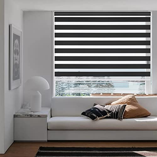 Changshade Custom Size Cordless Zebra Blinds for Indoor Window, Light Control Dual Layer Roller Zebra Shades with Thermal Insulated for Office,Living Room,Easy Installation Black Out Zebra Blind - color: Black, size: Drill Installation-Custom Size