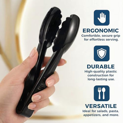24 Pack Plastic Serving Tongs, 9 Inch Black Heavy Duty Buffet Tongs