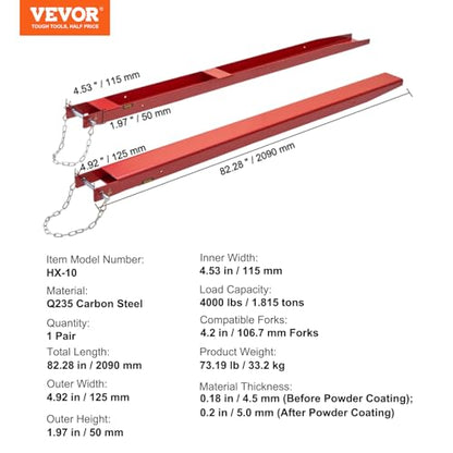 VEVOR Pallet Fork Extensions 82" Length 4.5" Width Heavy Duty Carbon Steel - size: ‎82 x 4.5 Inch