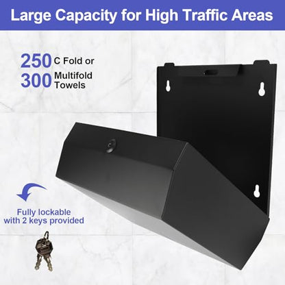 Stardrix Paper Towel Dispenser Wall Mount, Matte Black Stainless Steel Commercial Paper Towel Holder with Lock, Large Capacity 250 C Fold/300 Multifold Towels (Pack of 2) - color: Black, size: 250 C Fold/300 Multi-Fold with Lock (Pack of 2)