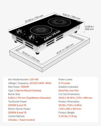 VEVOR 12 Inch Induction Cooktop 2 Burners,Built-in Electric Stove Top, Knob Control,Ceramic Glass Surface,Low-Power Continuous Heating,11 Power Levels,Child Lock, 3500W,220V No Plug - size: 12In-Knob