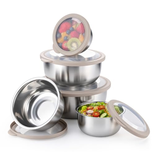 E-far Mixing Bowls with Lids Set of 5, Stainless Steel Nesting Salad Bowls - color: Khaki