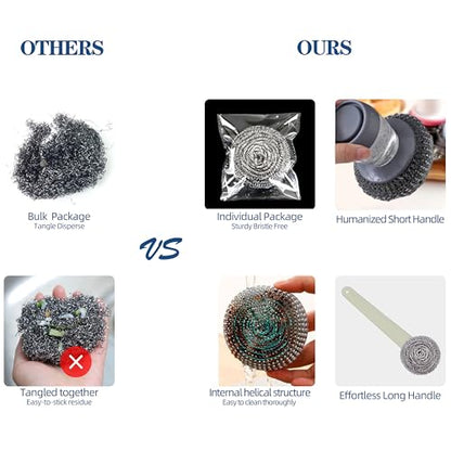 Stainless Steel Wool Brush Dish Scrubber with Handle Replacement Heads - Steel Scrubbing Scouring Pad Set of 16, Kitchen Cleaning Metal Dish Scrubber for Washing Dishes Grate Pot Pan Sink
