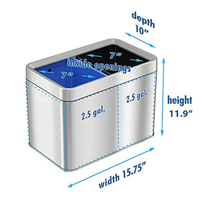 iTouchless 20 Liter / 5.3 Gallon Open Top Waste Trash Can & Recycle Bin with 2 Recycle Stickers, Dual Compartment Slim Stainless Steel Container - color: Silver with Black and Blue, 5.3 Gal