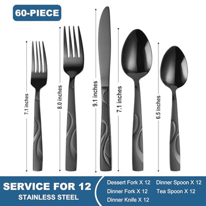 60-Piece Black Flatware Set for 12 - color: Black, size: 60-Piece