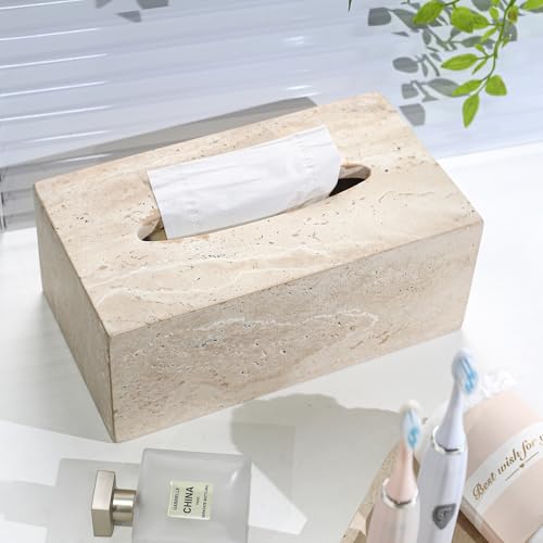 DUANYAN Italian Travertine Tissue Box Cover, Rectangular, Natural Stone - color: Beige
