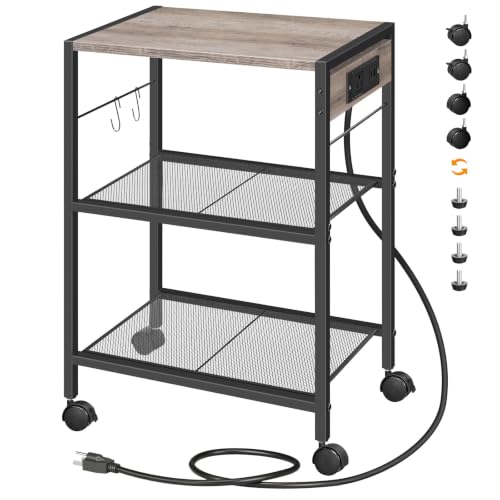 HOOBRO Industrial Printer Stand, 3-Tier Mobile Printer Table, Rolling Cart with Power Outlets and USB Ports, Home Printer Stand with 2 Hooks, for Office, Living Room, Greige and Black BG22UPS01 - color: Greige + Black, size: 16.5'' x 11'' x 25.2''